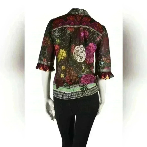 ALICE + OLIVIA Black Floral Stained Glass Window Silk Short Sleeve Blouse XS - Picture 3 of 4